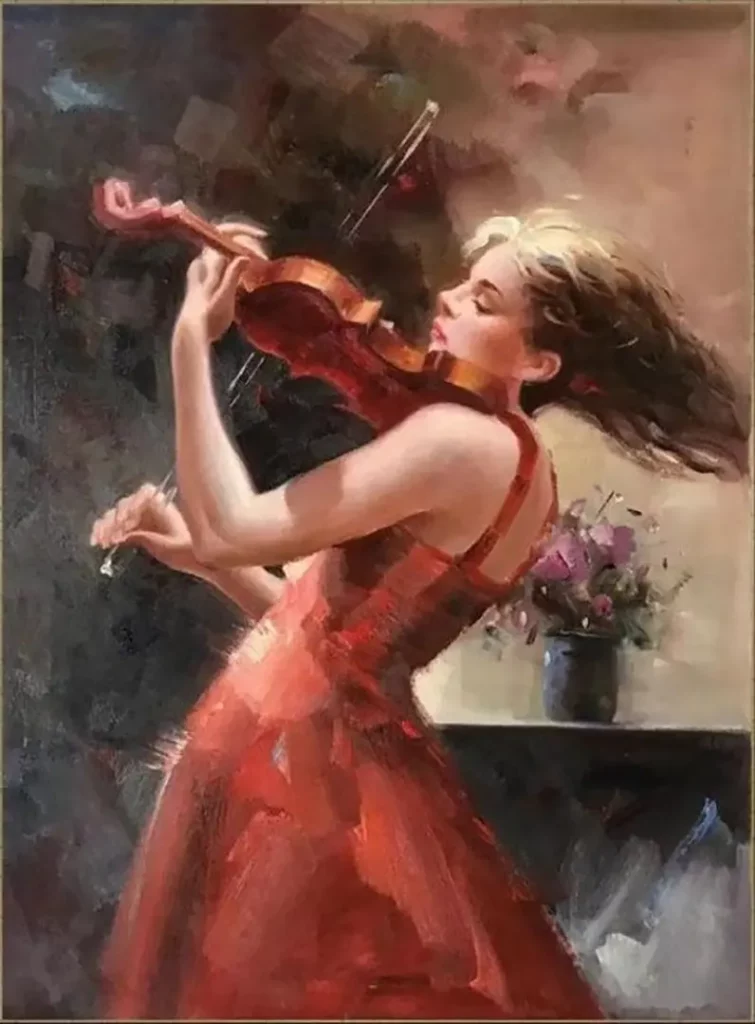 A Girl Playing Violin Hand Painted paintings on Canvas Wall Art Painting (Without Frame)