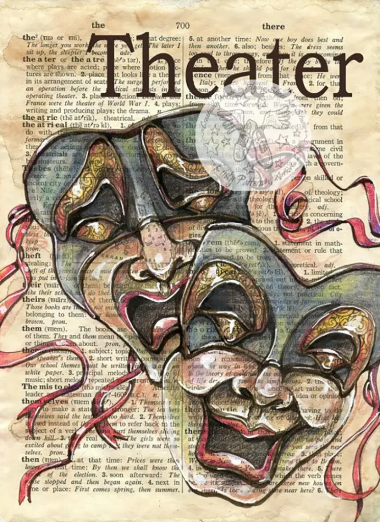 PRINT_ Theater Mixed Media Drawing on Antique Dictionary - Etsy UK