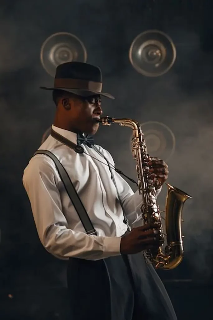 Black jazzman plays the saxophone on the stage with spotlights